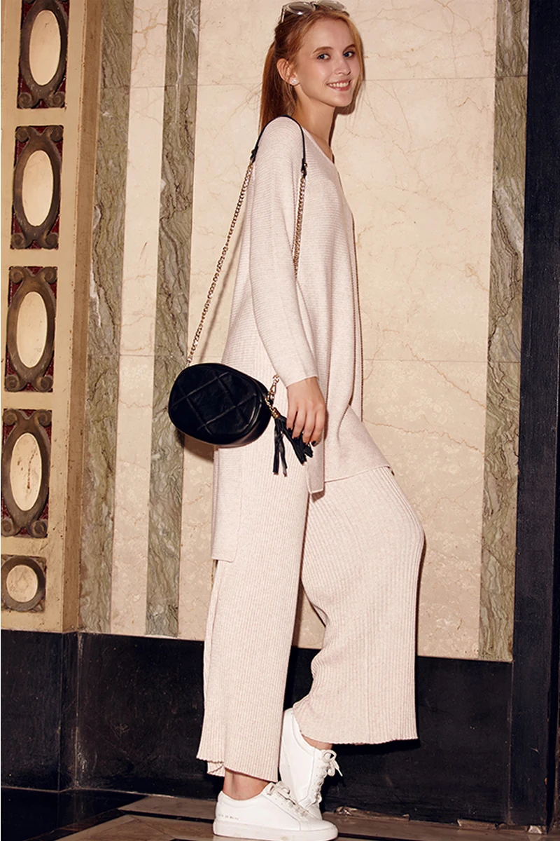 

Suit O-neck Wool New Arrival Fashion Sweater + Split Wide Leg Trousers Loose Two Piece Cashmere Suits Special Offer 2020 Women