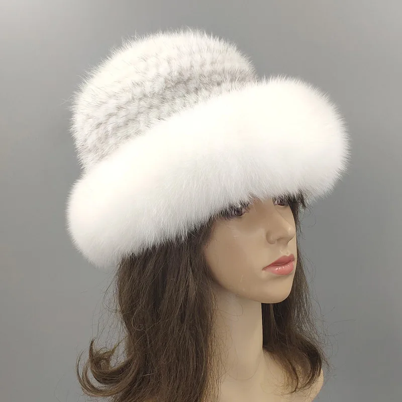 Вязаная шапка s Зимняя с большим краем для женщин и девушек Skullies Beanies шапка плотная Удобная меховая шапка из натуральной норки сохраняющая тепло русская лиса шапки - Цвет: Темно-серый