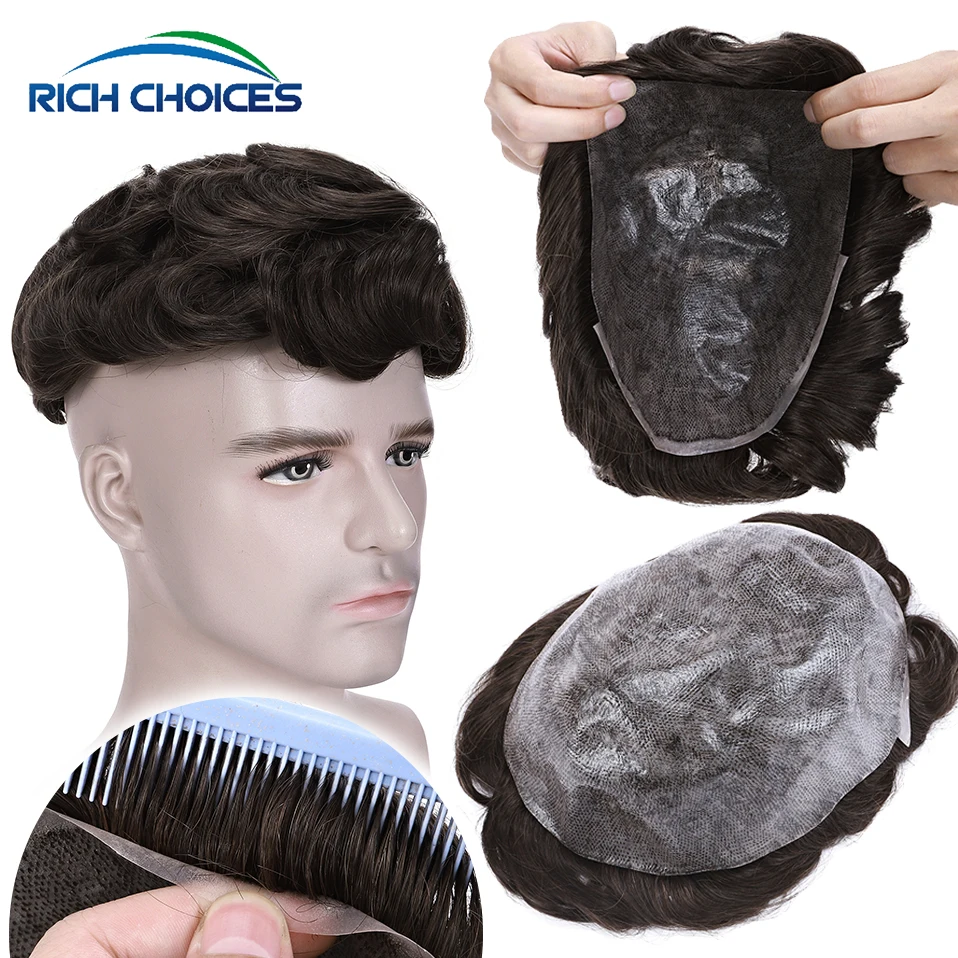 Rich Choices 8X10 Human Hair Men toupee Thin Skin PU Hair System Replacement Wavy Wig Transparent Hair Prosthesis 130% Density
