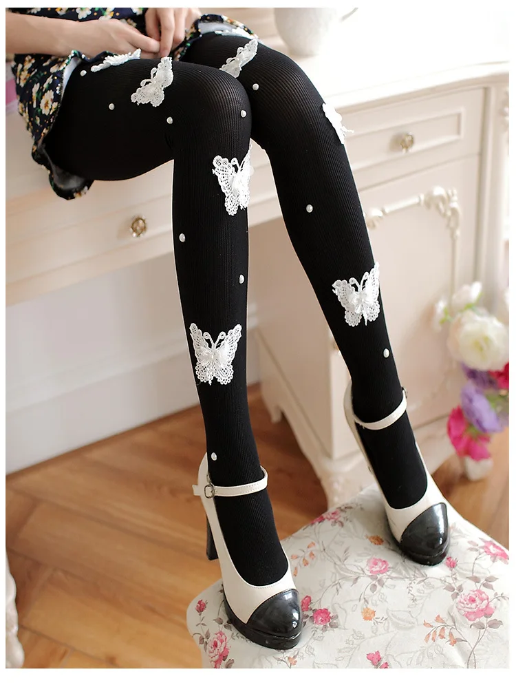 Autumn Winter Pantyhose Women Sweet Princess Embroidered Nails Beads Stockings Sexy Black Transparent Arbitrary Shearing Tights