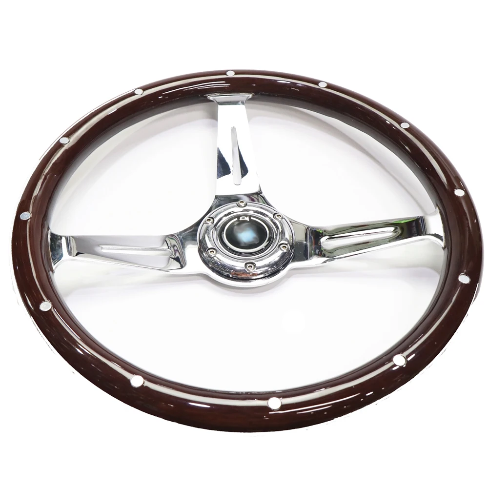 

Universal 15 inch car steering wheel classic solid wood silver spokes modified racing steering with base adapter qiuck release