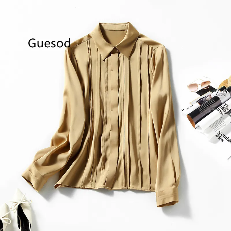 

Women Silk Blouse Top Quality Female 2022 Spring Silk Long Sleeve Blouse Silk Turn-Down Collar Top Female OL New
