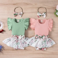 newborn baby girls clothes summer cotton outfit flying sleeve ribbed bodysuit floral print lace tutu skirt shorts bow headband