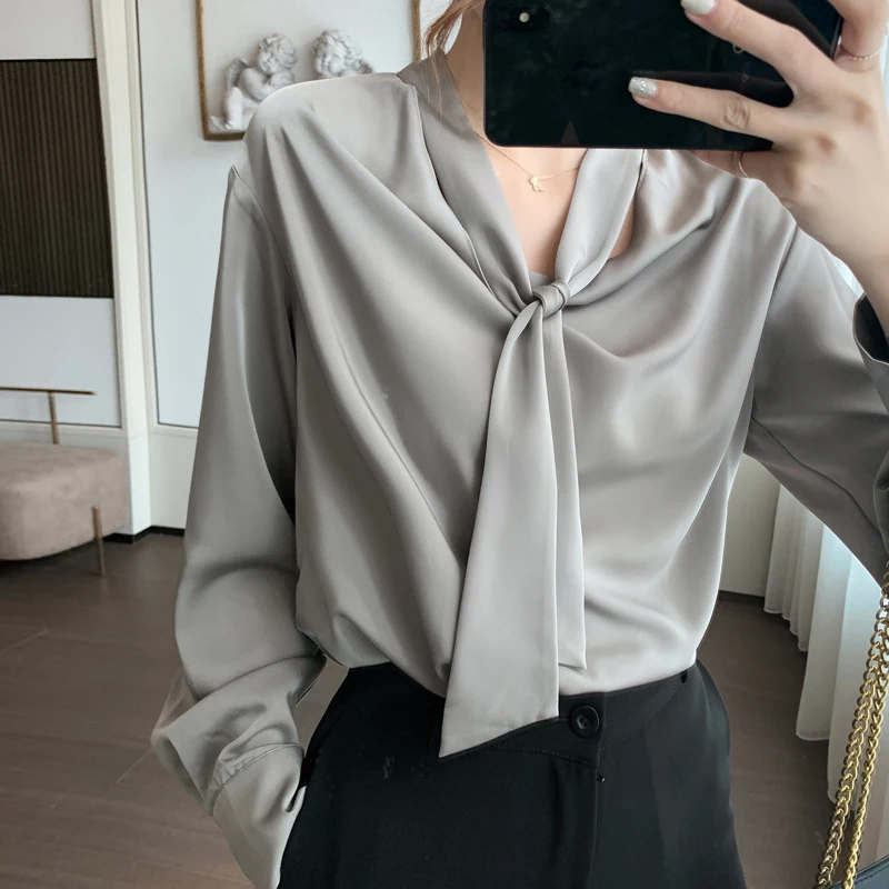

JXMYY 2020 autumn fashion new gray chiffon tie shirt female design sense niche chiffon shirt