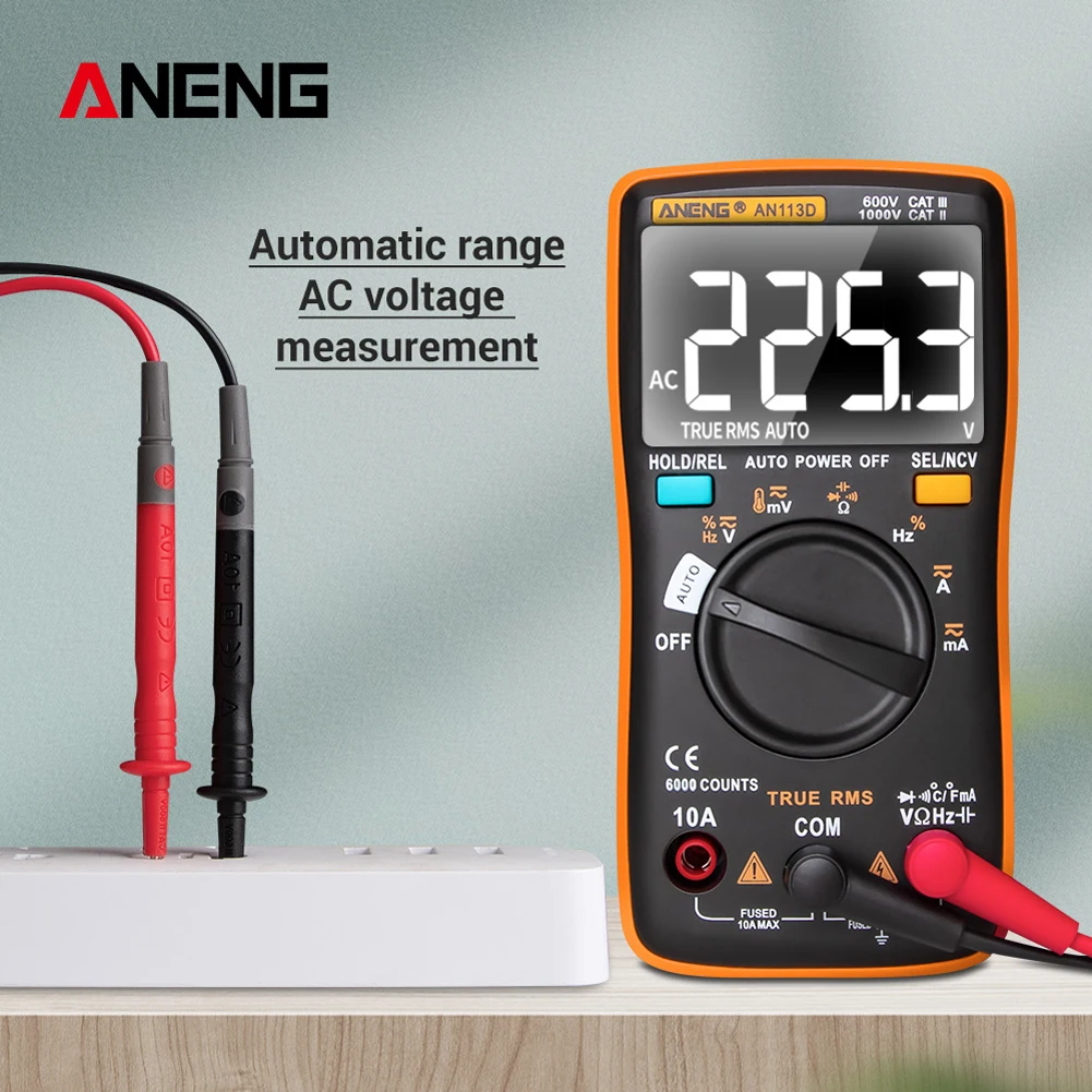 AN113D Digital Multimeter 6000 Counts Electrical Transistor Tester Temperature Auto Ranging AC/DC Voltage Meter for Electrician