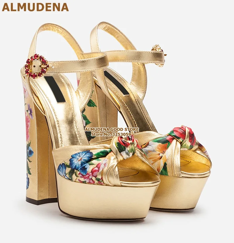 ALMUDENA/Босоножки на платформе, Украшенные бусинами, на массивном каблуке, украшенные стразами; свадебные туфли-лодочки в стиле ретро, синего, золотого цвета, украшенные стразами