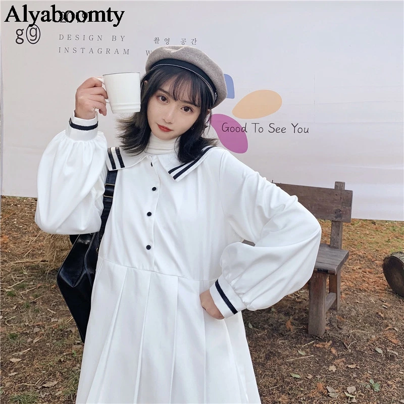 

2021 New Japanese Harajuku Spring Autumn Women Long Dress Sailor Collar White Pleated Dress Preppy Style Cute Kawaii Midi Dress