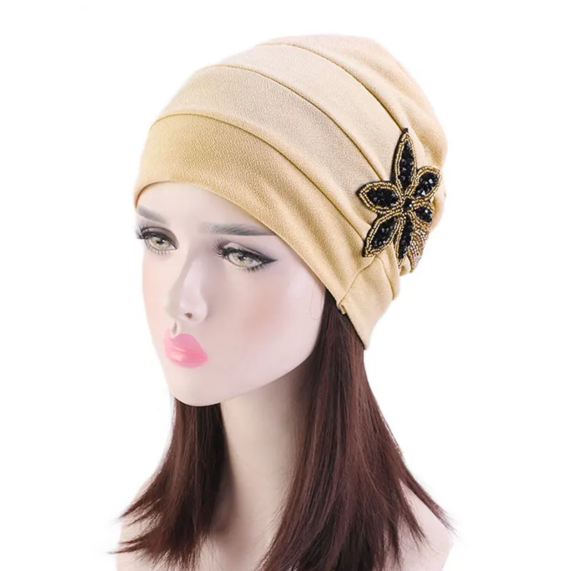 

Muslim Women Chemo Cap Turban Bonnet Hair Loss Velvet Headscarf Islamic Arab With Beads Flower Beanies Elastic Soft Cap