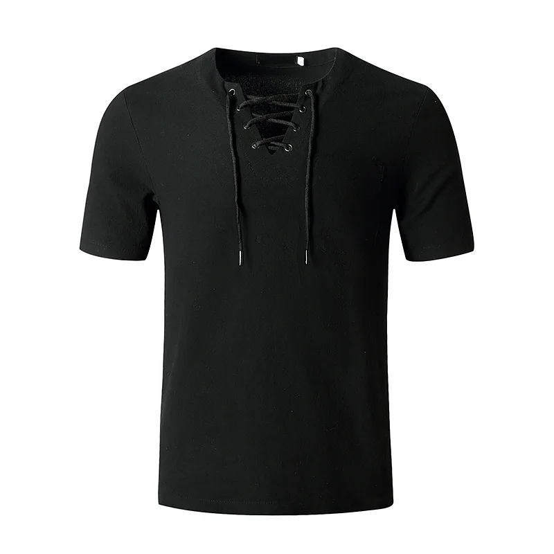 

Black T Shirt Men Bandage Casual Short Sleeve T Shirts Mens V-Neck Oversized Hip Hop Tee Shirt Summer Harajuku High Street Tops