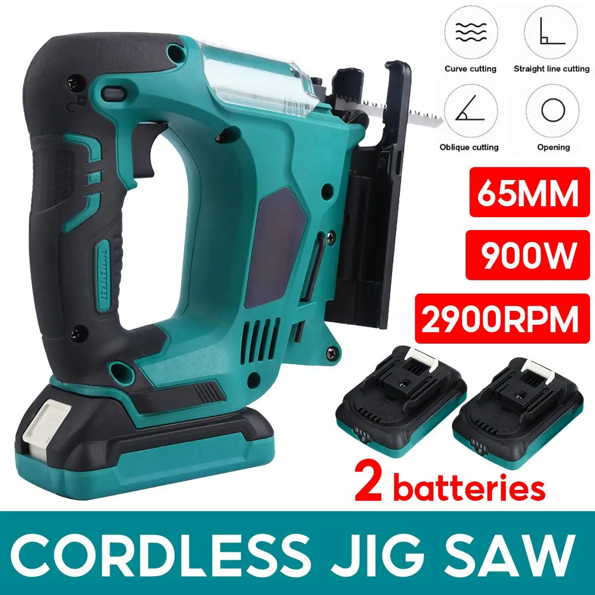 

Drillpro 900W 18V Cordless Jig Saw with 2 Batteries Multi-Function Rechargeable Electric Saw Blades Power Tool Metal Woodworking