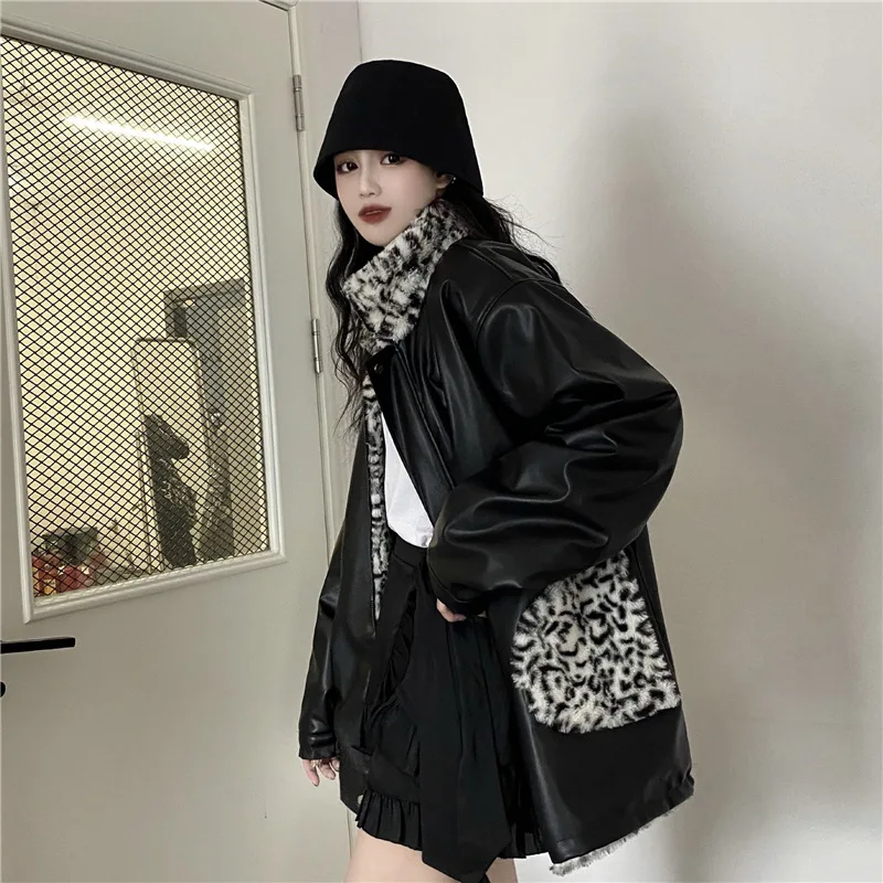 

Зимние пальто с обеих сторон в стиле Харадзюку с леопардовым принтом и мехом ягненка, модная теплая свободная кожаная верхняя одежда