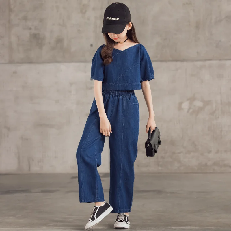 

Джинсовый костюм для девочек, новинка 2021, тонкий детский летний комплект одежды для подростков, Детская рубашка до щиколотки и штаны, джинсо...