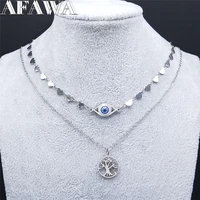 2pcs islam muslim turkish eyes stainless steel crystal necklaces silver color tree of life layered necklace jewelry n3787s01