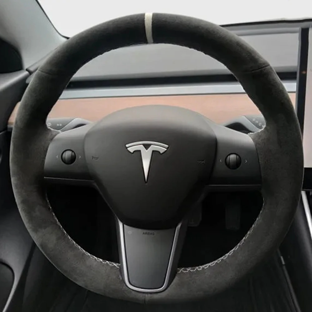 Car Steering Wheel Cover Hand-Stitched Non-Slip Black Genuine Leather Suede For Tesla Model 3 2017 2018 2019 2020