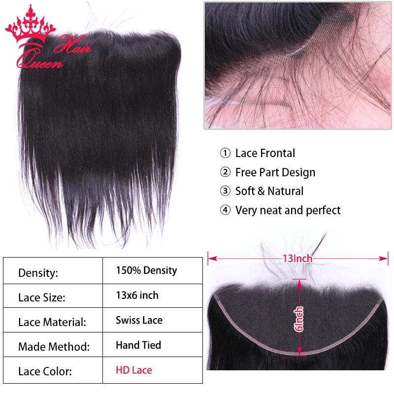 Invisible HD Lace Frontal 13x6 Ear to Closure Pre Plucked Brazilian Virgin Human Straight Hair Queen Products | Шиньоны и парики