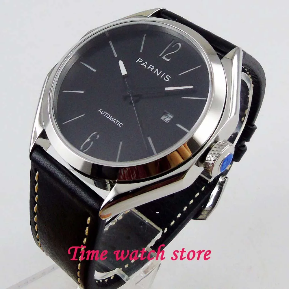 

PARNIS 43mm Miyota 21 jewels polished Automatic watch men Sapphire glass waterproof leather strap black dial date 1238