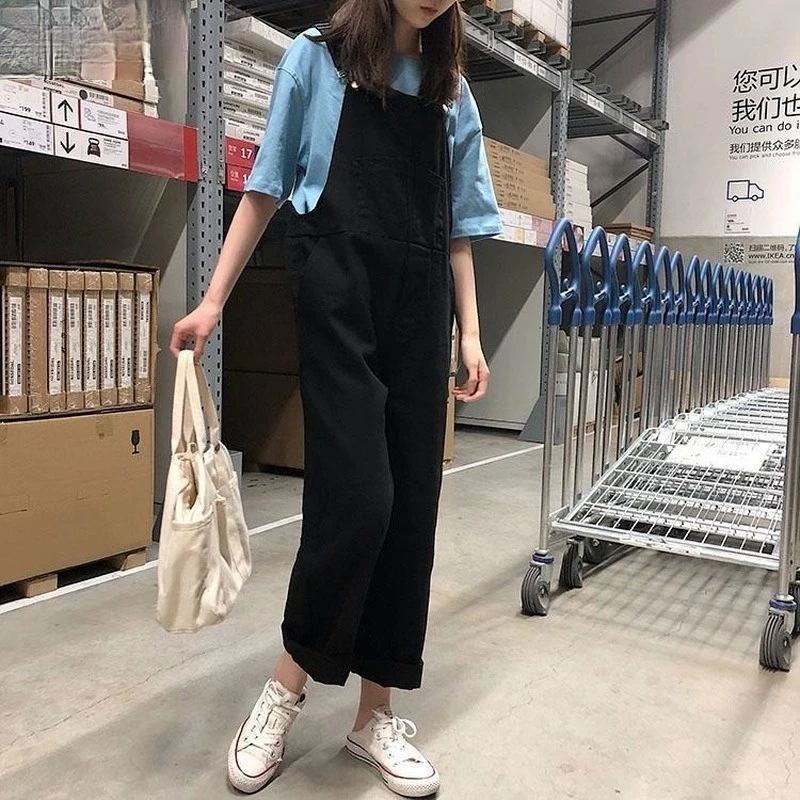 

Jumpsuits Women Ankle-length Denim Slim Korean Style BF All-match Streetwear Pockets Straight Student Preppy-style Chic Autumn