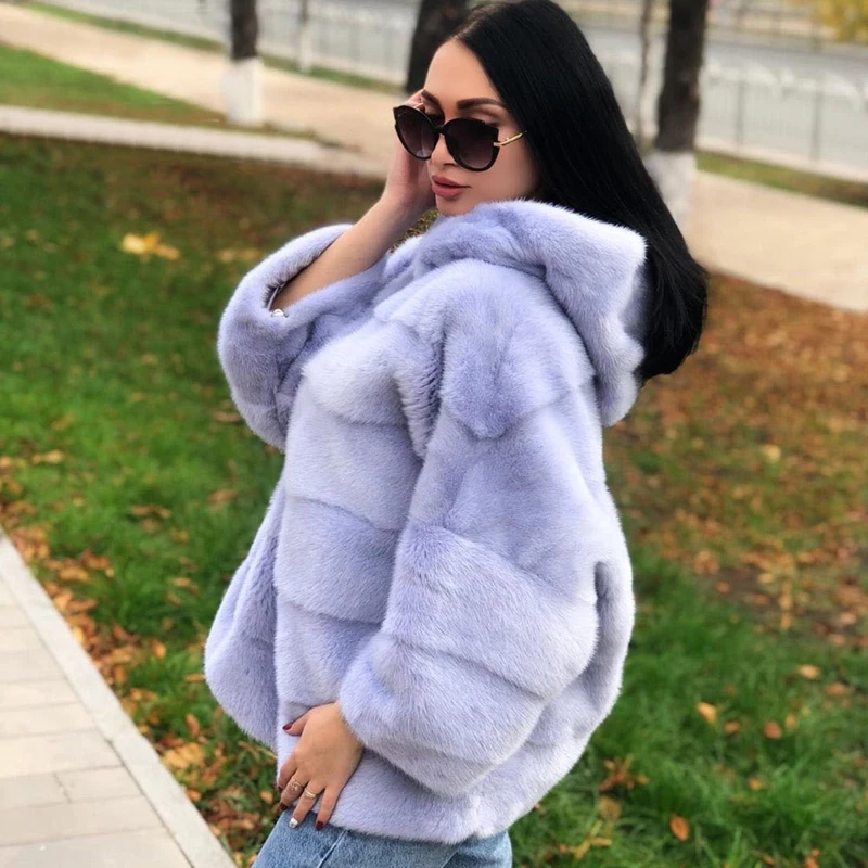 Шуба норковая Женская с капюшоном светло-фиолетовая теплая повседневная средней