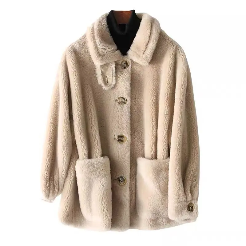 Winter Women's Sheepskin Coat Fur Without Belt Square Collar Long Sleeve Loose Sheep Shearing Coat Temperament Warm Comfortable