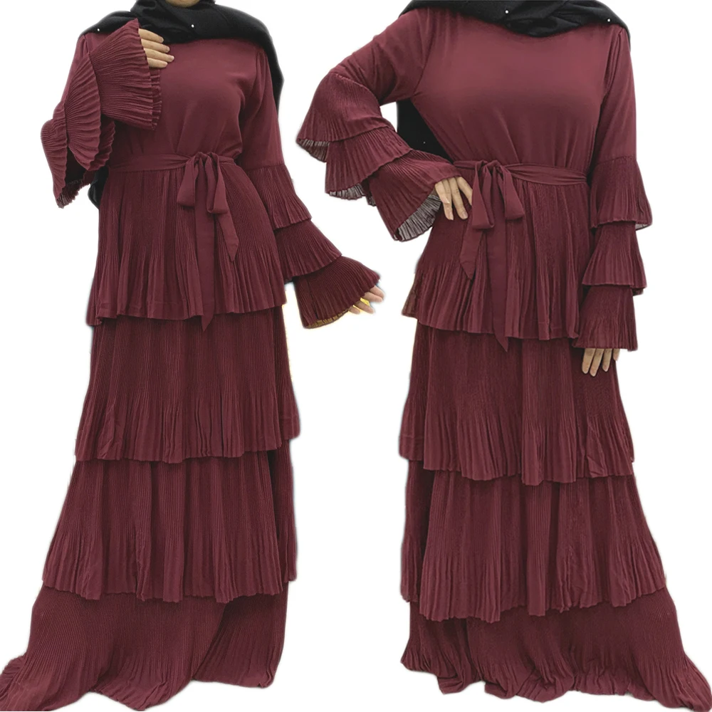 

Muslim Women Layered Long Dress Ruffle Pleated Tiered Maxi Robe Full Length Flare Sleeve Ramadan Islamic Jilbab Elegant Fashion