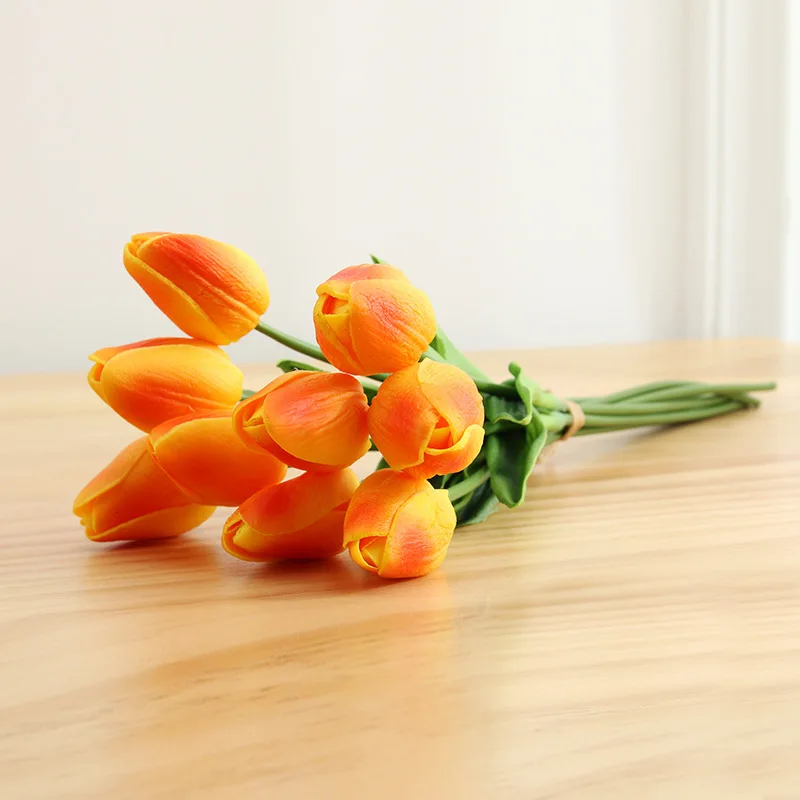 orange 9 шт. красивые настоящие на ощупь цветы латексные тюльпаны искусственный букет поддельный цветок Свадебный букет декоративные цветы для свадьбы - Цвет: orange