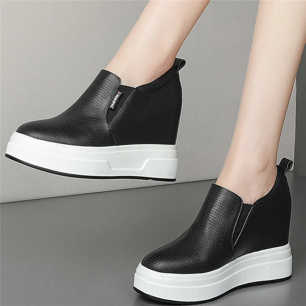

10cm High Heel Pumps Shoes Women Breathable Genuine Leather Wedges Ankle Boots Female Round Toe Fashion Sneakers Casual Shoes
