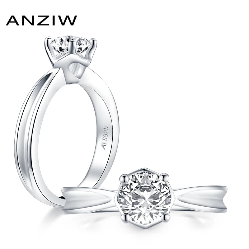 

ANZIW 925 Sterling Silver 1.0ct Round Cut Engagement Ring for Women Sona Simulated Diamond Solitaire Ring Wedding Ring