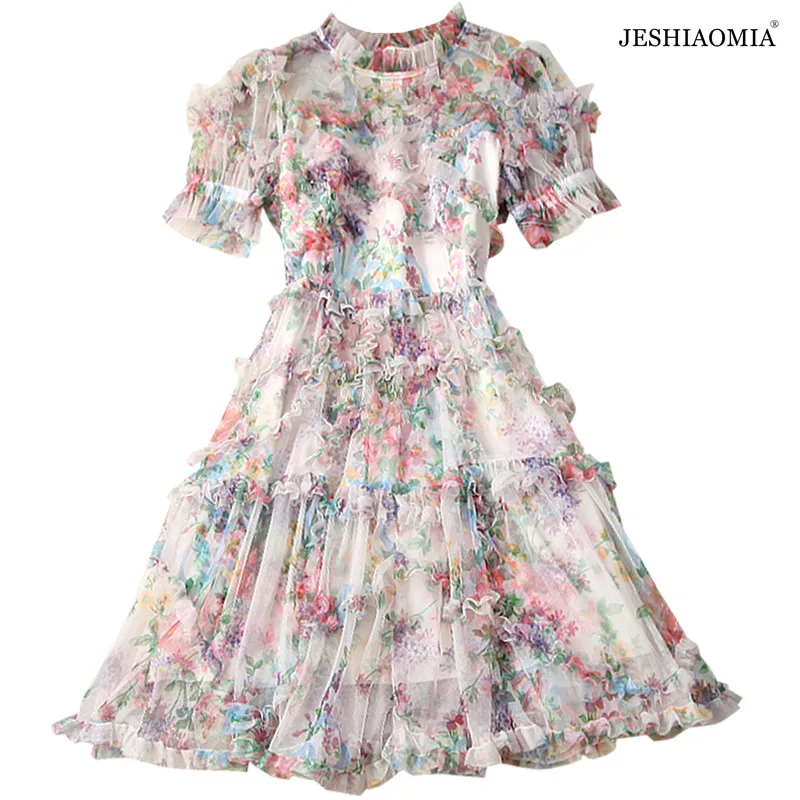 

Летнее Многоярусное платье JESHIAOMIA с рюшами, высоким воротом и цветочным принтом, 2021