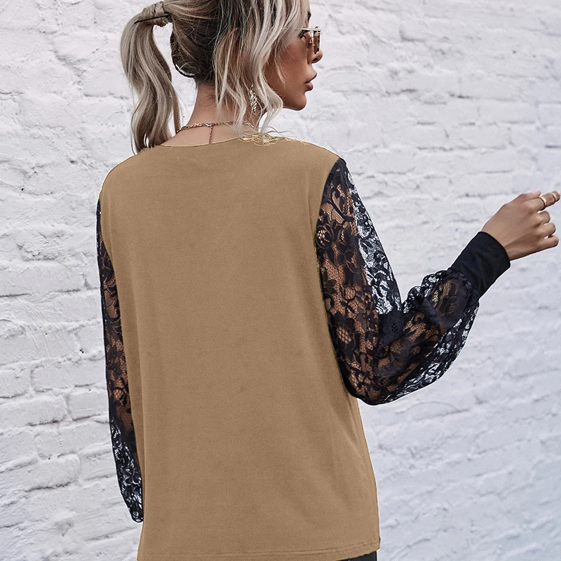 

JYSS 2021 fashion women blouses chiffon long sleeve khaki black lace hollow out undefined translucent blouses tops 60308