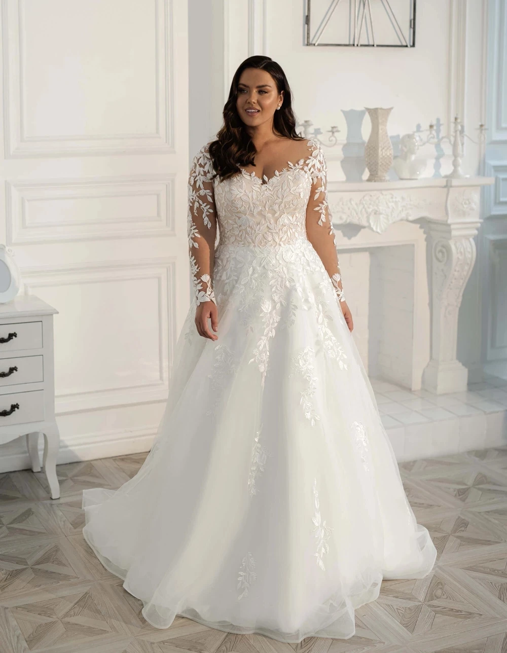 

Robe De Mariee 2021 New Plus Size Wedding Dresses Long Sleeves Sweep Train V-Neck A-line Custom Made Lace Appliques Bridal Gowns