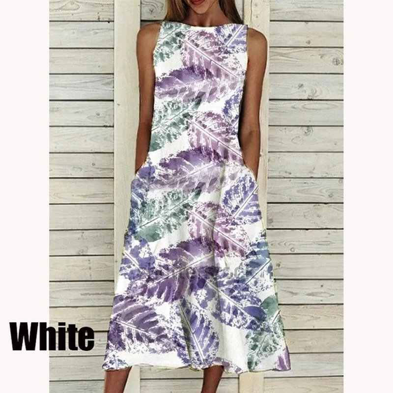 

Summer Women Dress O Neck Floral Print Sleeveless Loose Mid-Calf Dress Summer Lady Casual Elegant Party Swing Dress Vestidos