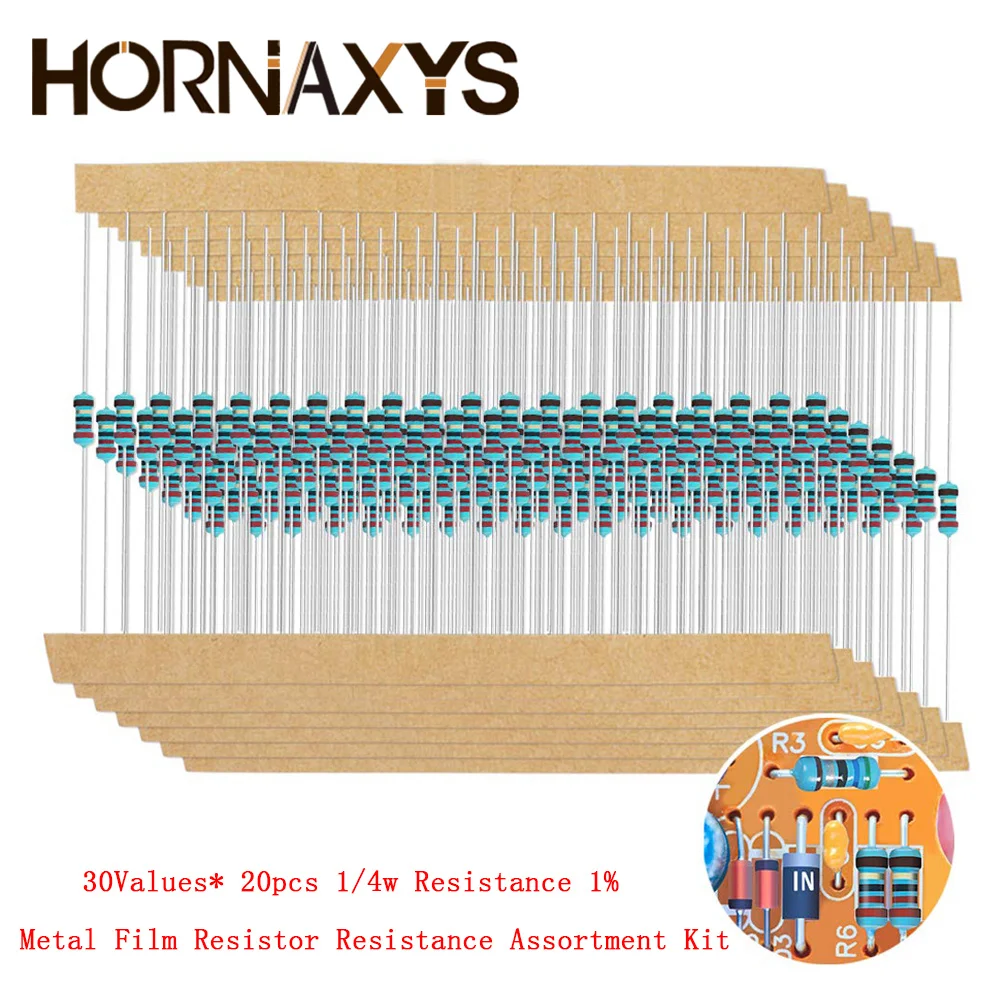 

Набор резисторов 600 шт./лот 10 Ом-1 МОм 1/4 Вт, набор металлических пленочных резисторов «сделай сам», 30 значений * 20 шт., 1% сопротивление цветных ...