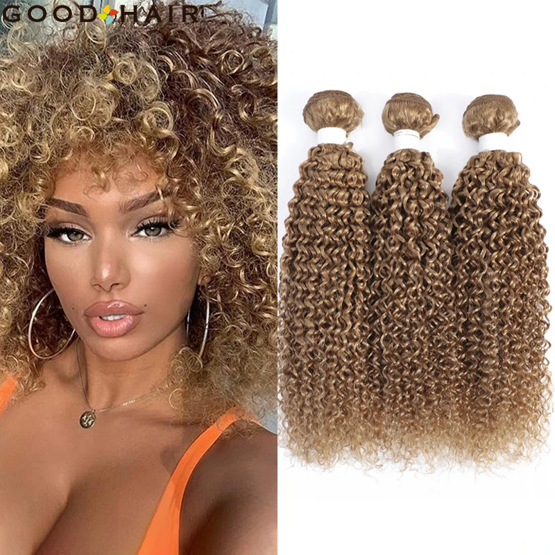 Extensões de Cabelo Brasileiro Kinkly Encaracolado Humano 3 – 4 Pacotes 27 Mel Loira Remy Trama Dupla Bom