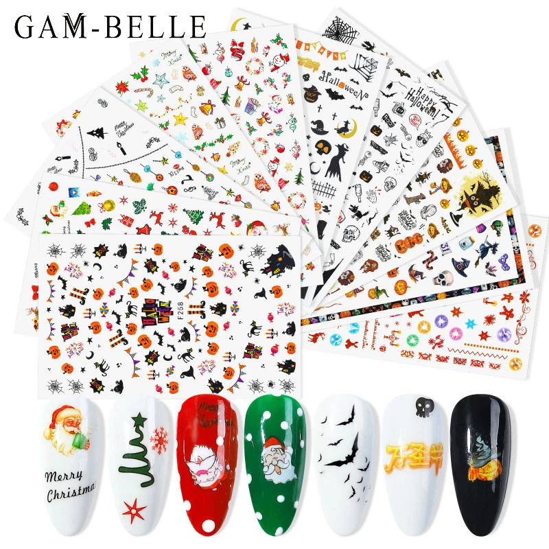 

GAM-BELLE 3D наклейки для ногтей красочные рождественские Хэллоуин серии Луна Звезда Тыква Санта Клаус слайдеры наклейки для украшения ногтей