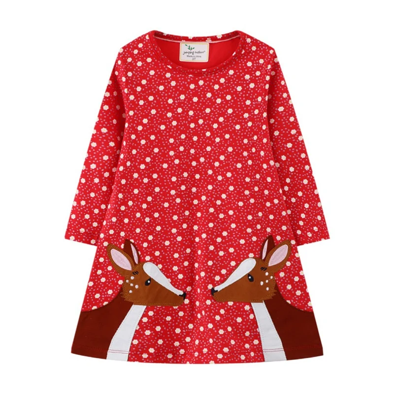 Girls Cartoon Dress Long Sleeve Cotton Chrismas Gift Cute Deer Print Princess Floral Kids Clothes | Детская одежда и обувь