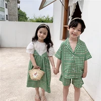 Boys Girls floral short sleeve clothes set korean style summer baby girl loose suspenders dress sets Brother and sister clothing