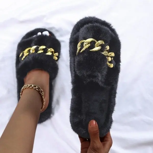 

ZAR Woman 2021 Flat Shoes Spring Autumn Fashion Furry Metal Chain Black Plus Size 44 Lazy Sandals And Cotton Slippers Women