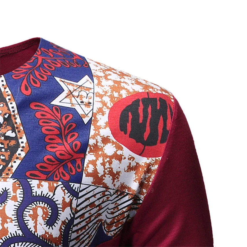 

Man African Dashiki Traditional Style V-neck Printed Casual Tops Long Sleeve Bazin Riche Male Patchwork Ethnic Summer T-shirt