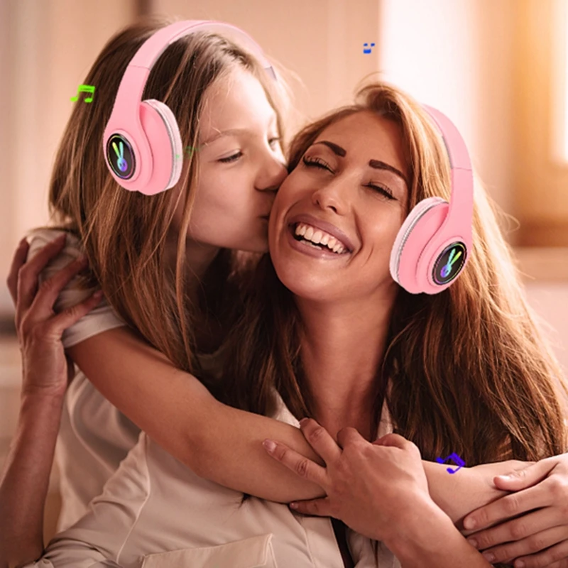 foldable led rabbite wireless kids headphone with microphone cute girls bluetooth music helmet for iphone android xiaomi gift free global shipping