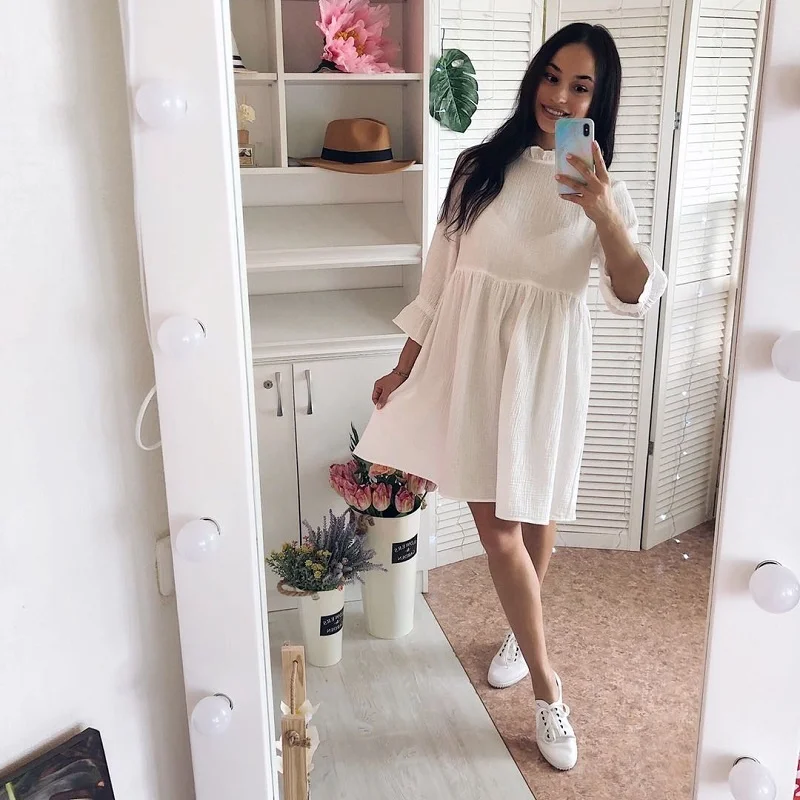 

Casual Stand Collar Flare Sleeve Ruffles Mini Dress Woman Loose High Waist Sweet Cotton White Holiday Dress 2021 Summer vestidos