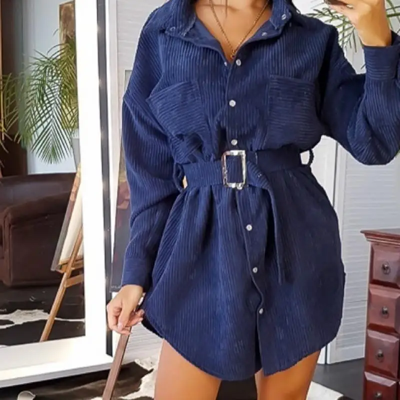 Женское платье с поясом NORMOV прямое мини-платье длинным рукавом и отложным