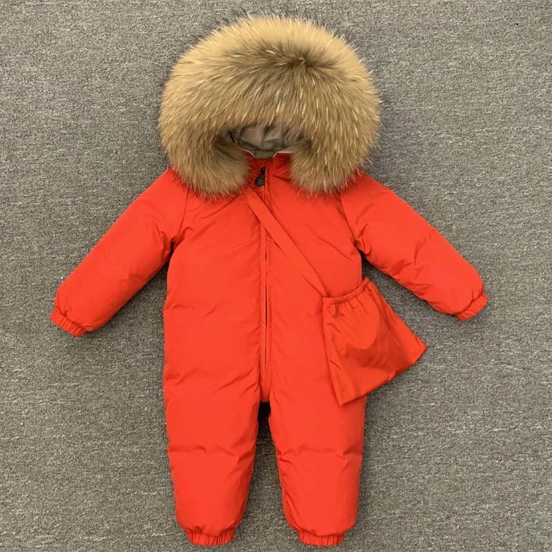 

New Baby Boy Girl Rompers down fulff Jumpsuit jacket natural Fur hooded Children toddler Kids Snowsuit Russia winter clothing
