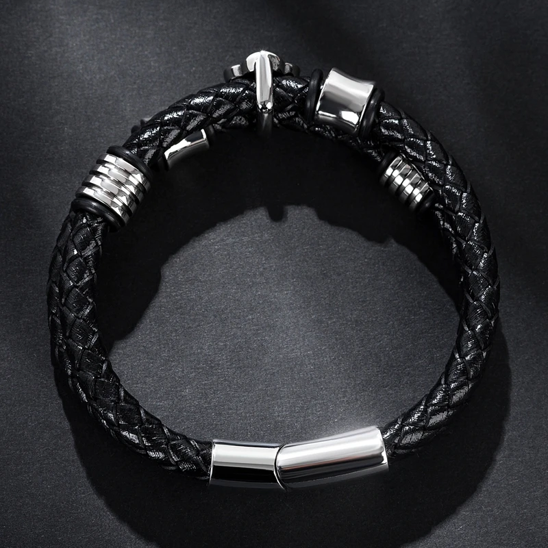 

MOZO FASHION 2020 New Men Trendy Bracelet Braided Genuine Leather Stainless Steel Fower Bracelet Punk Bangle Women Jewelry 194