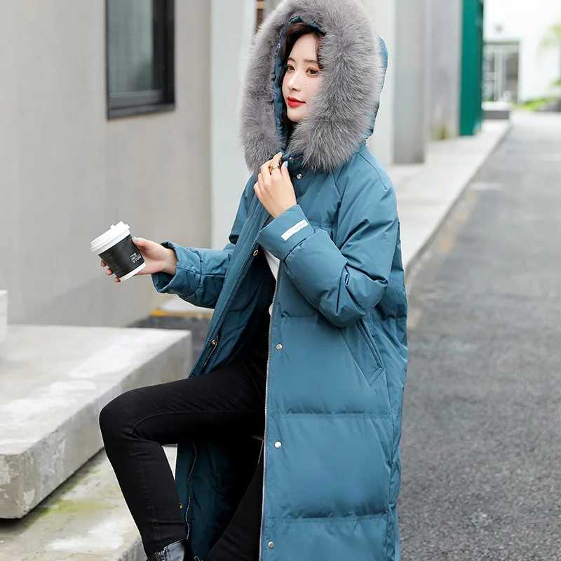 2021 winter new duck down jacket Korean version of large size women's fashion long thin hooded Fur collar woven  jacket Solid enlarge