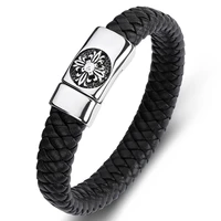 multicolor trendy braided leather bracelet men punk jewelry stainless steel cross retro pattern hand bangles male wristband p082