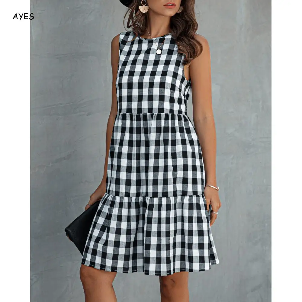 

Dress Women 2022 Y2k Summer with Black White Retro Plaid Skirt Ladies Blue Red Yellow Color Tank Dress Femme Sleeveless Vestidos