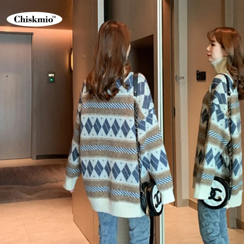 

Vintage Argyle Knitted Sweater Women Turtleneck Knitting Pullover Loose Christmas Knit Tops Ladies Korean Knitwear Harajuku