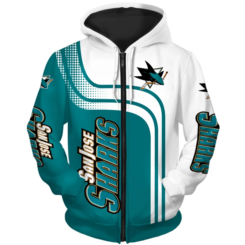 

San Jose men's fashion Long sleeve 3D Sharks Zip Hoodies White green stitching curve cartoon pattern print Sweatshirt