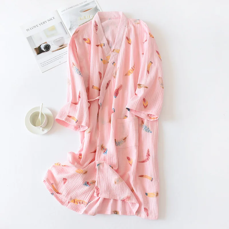 

Kimono Robe Lace-up Nightgown Women Cotton Sleepwear Homewear Ladies Spring Summer Sweet Print Szlafrok Damski Japanese Style