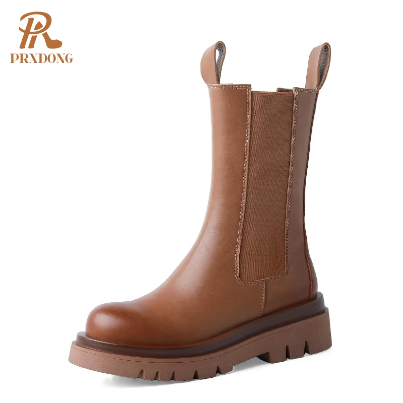 

Ботинки Челси женские из натуральной кожи, на толстом каблуке, до середины икры, в британском стиле, без застежек, Осень-зима 2021